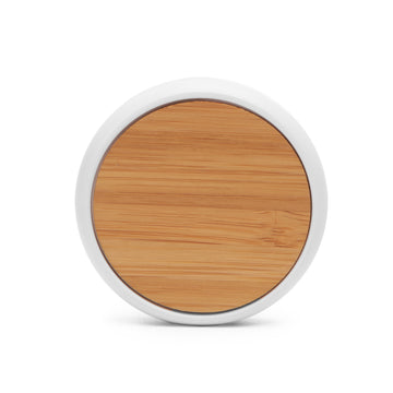SOYUZ Wireless Charger made with white ABS body and bamboo surface