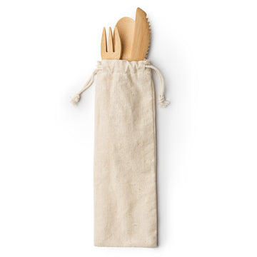 COLMER Bamboo cutlery set presented in a natural cotton cover with self-closing drawstring